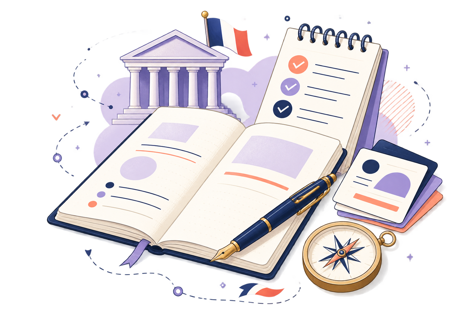 Livre ouvert, institution, checklist, carte et boussole pour organiser ses révisions