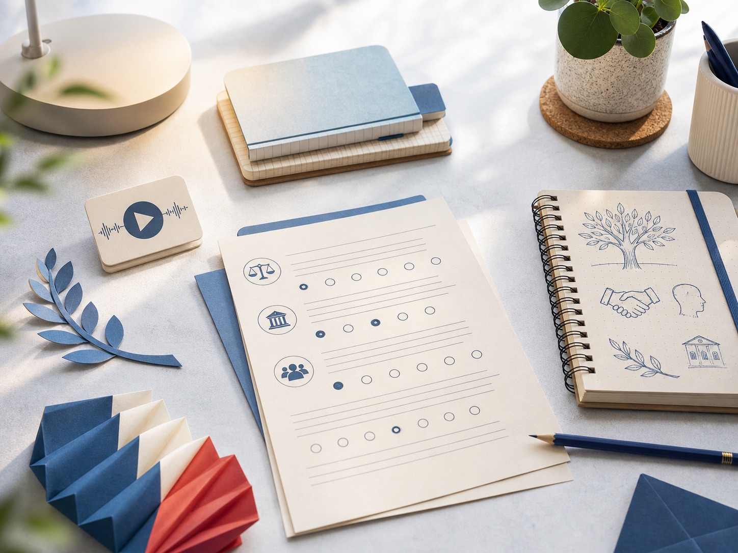 Table de révision avec fiche QCM, carnet, crayon et carte audio