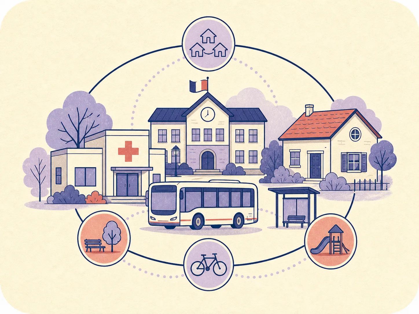 École, santé, logement et transports reliés dans un quartier